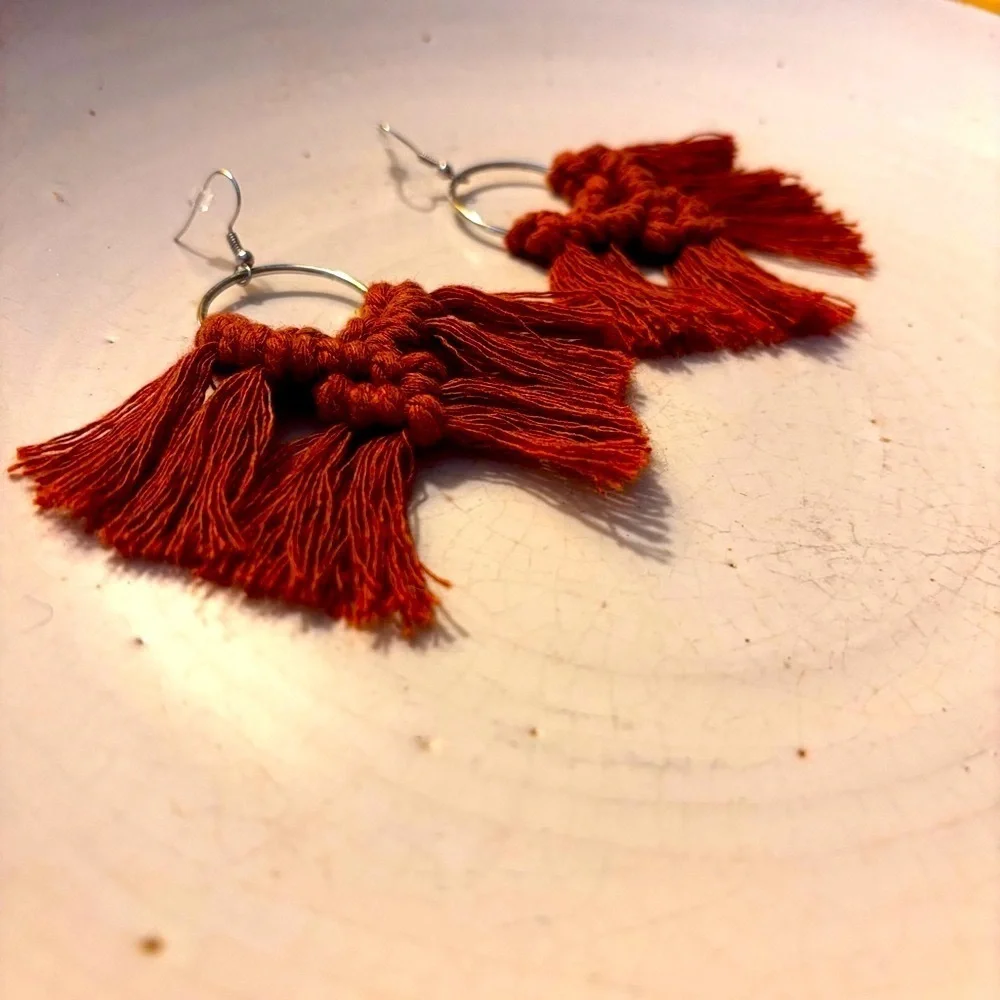 Elegant Rust Tassel Hoop Earrings